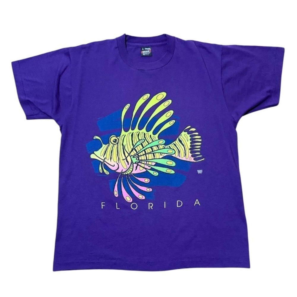 Vintage 90s Florida USA Lionfish Funky Retro Ocean Fish Art Neon Graphic T-shirt
